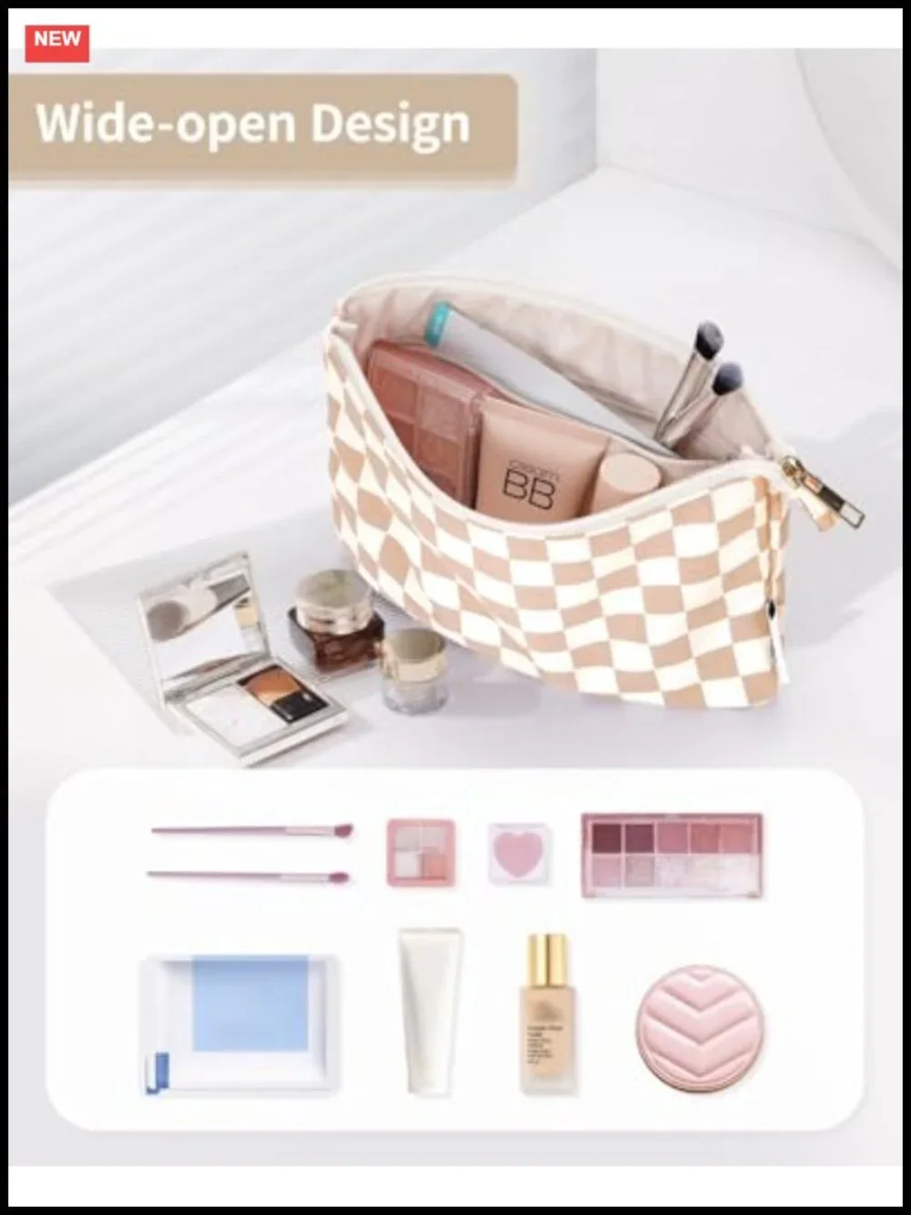 Small Checkered Makeup Bag for Purse, Travel Cosmetic Pouch, Zipper Pouch